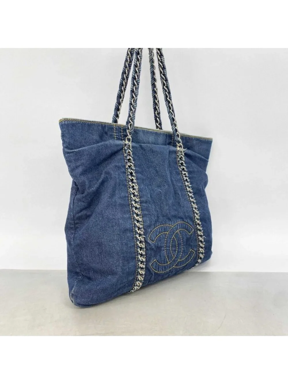 Chanel Chain Tote Denim Navy Silver